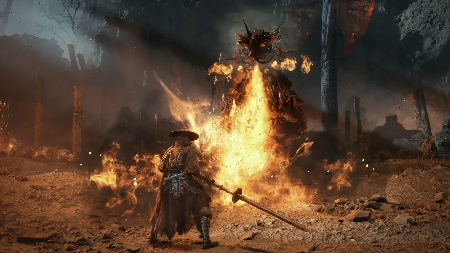 The Phantom Blade Zero swordsman facing a large fire-wreathed enemy