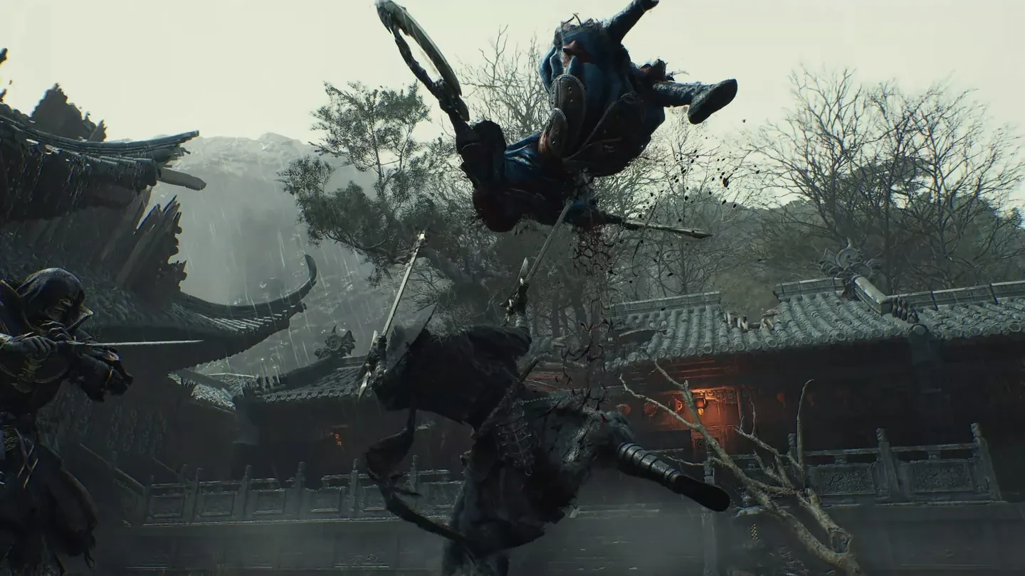 Two Phantom Blade Zero fighters meeting in an airborne rooftop duel