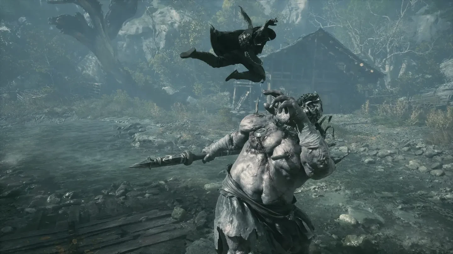 A masked Phantom Blade Zero swordsman leaping into combat in a misty wetland