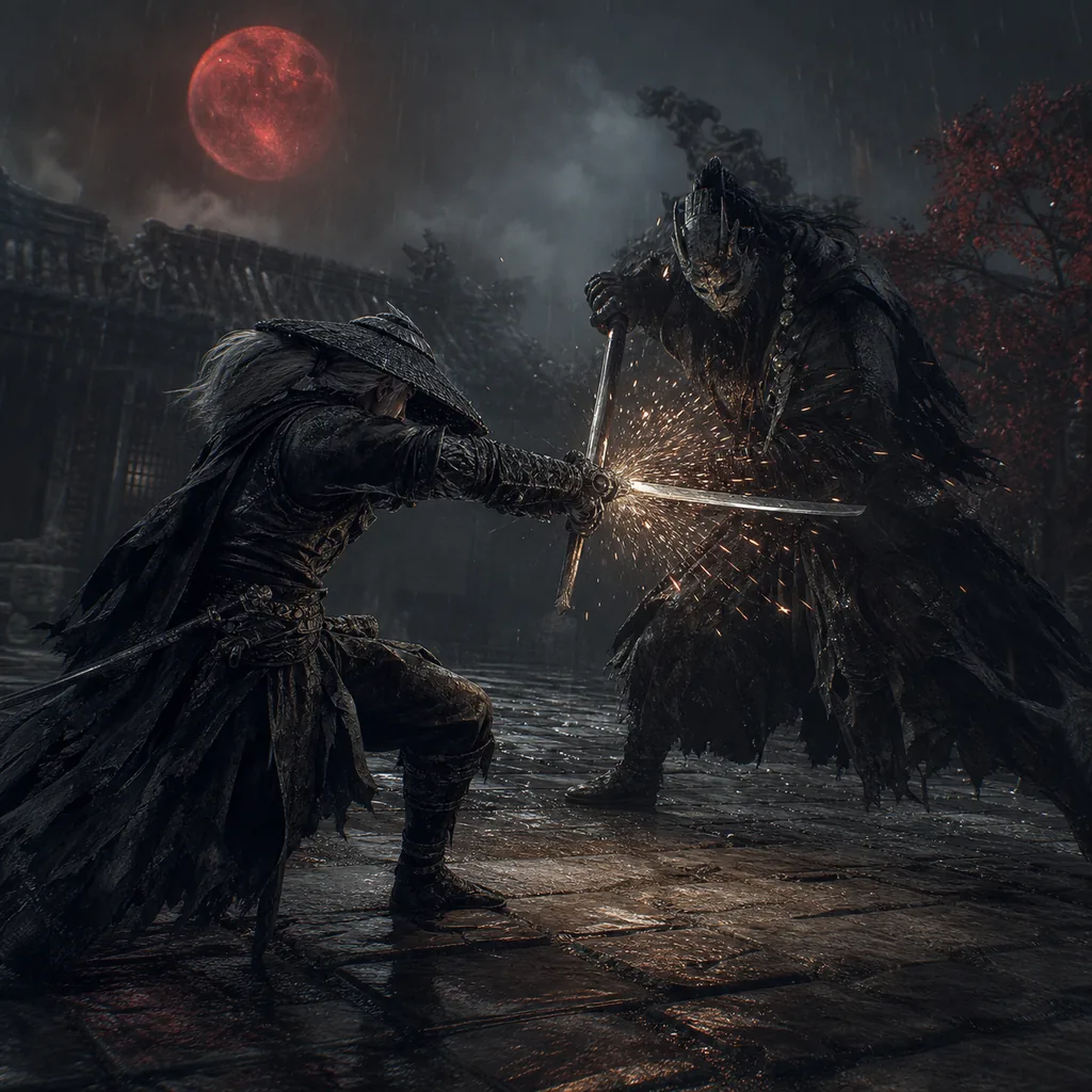 Editorial concept illustration of a sword deflect and readable response window; not an official gameplay screenshot